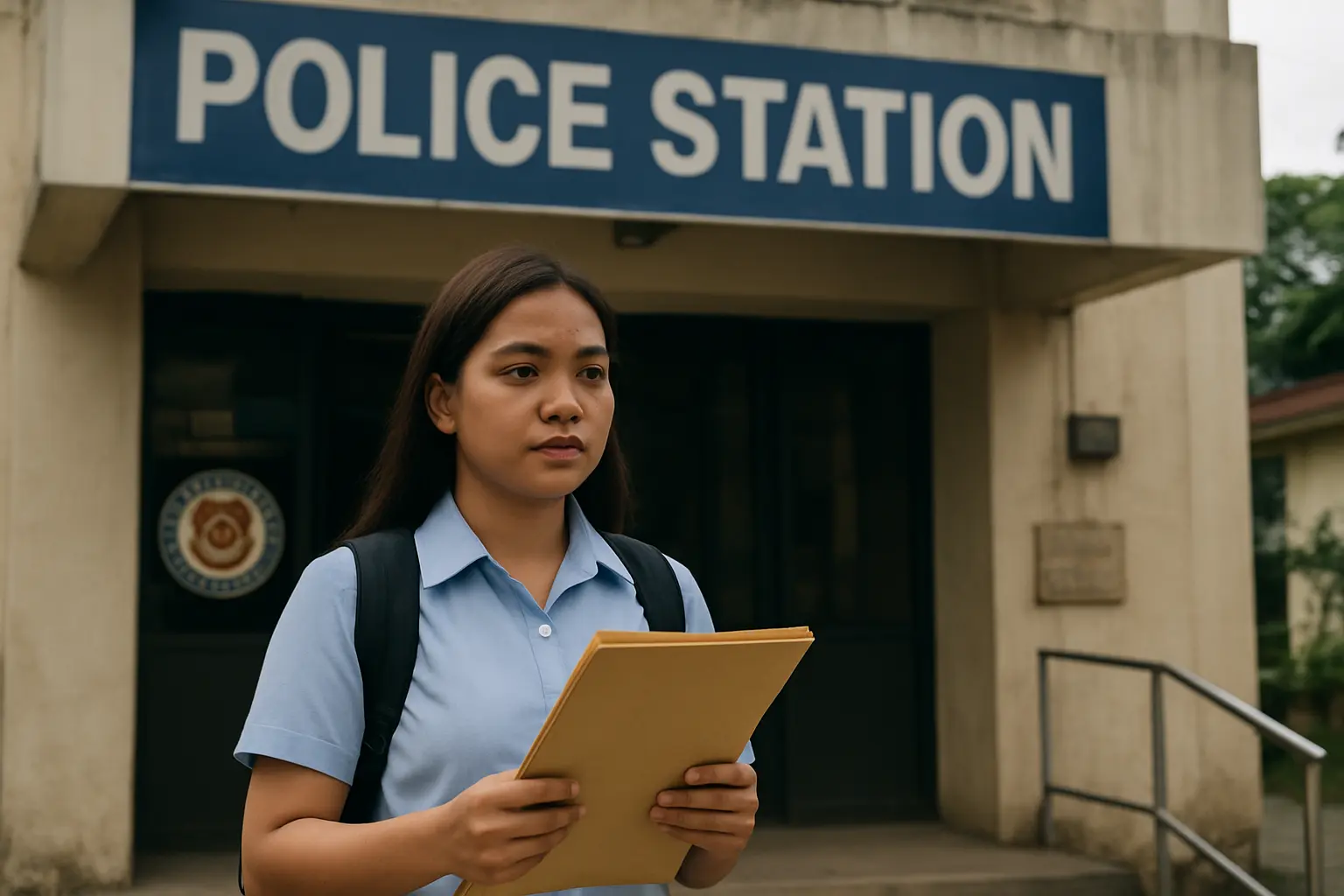 A criminology student holding a folder of documents outside a police station entrance to submit a research request letter