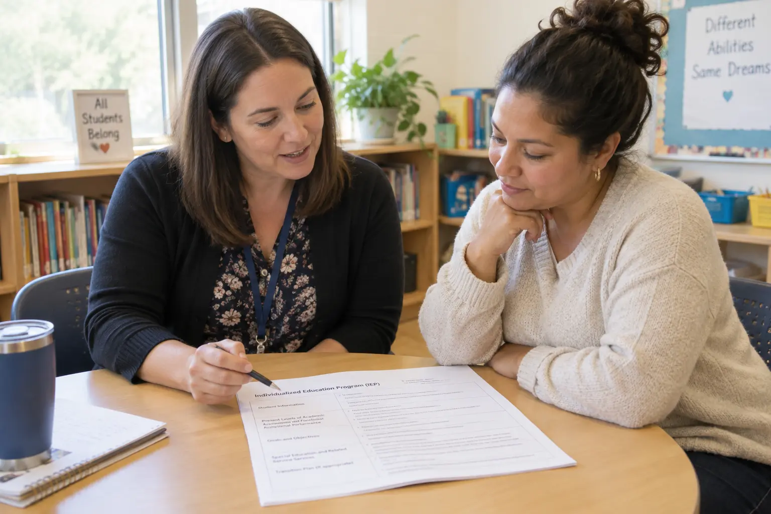 A teacher and a parent reviewing a printed individualized education plan document together