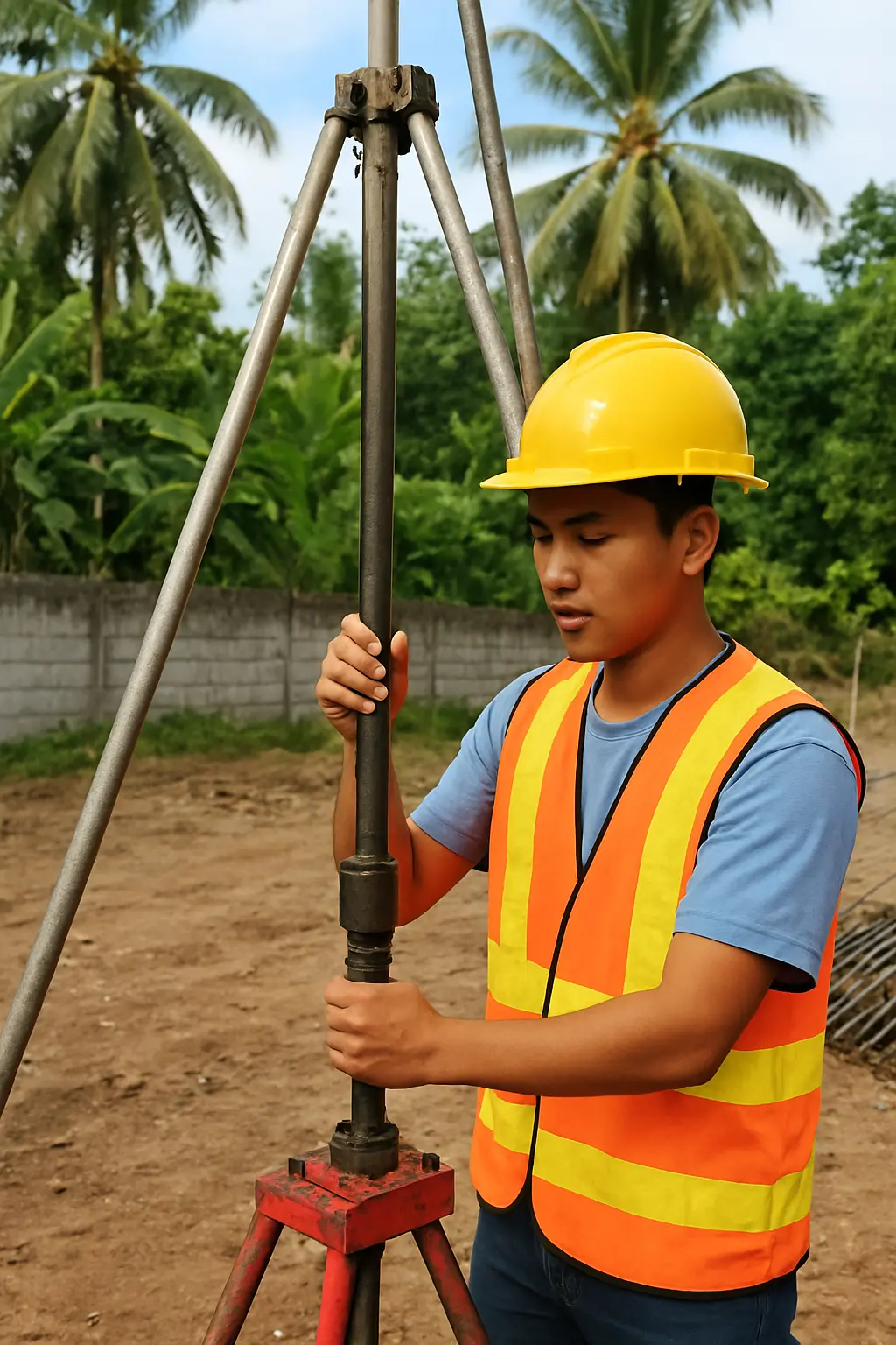 A civil engineering student using a soil penetration test rig on a construction site in the Philippines