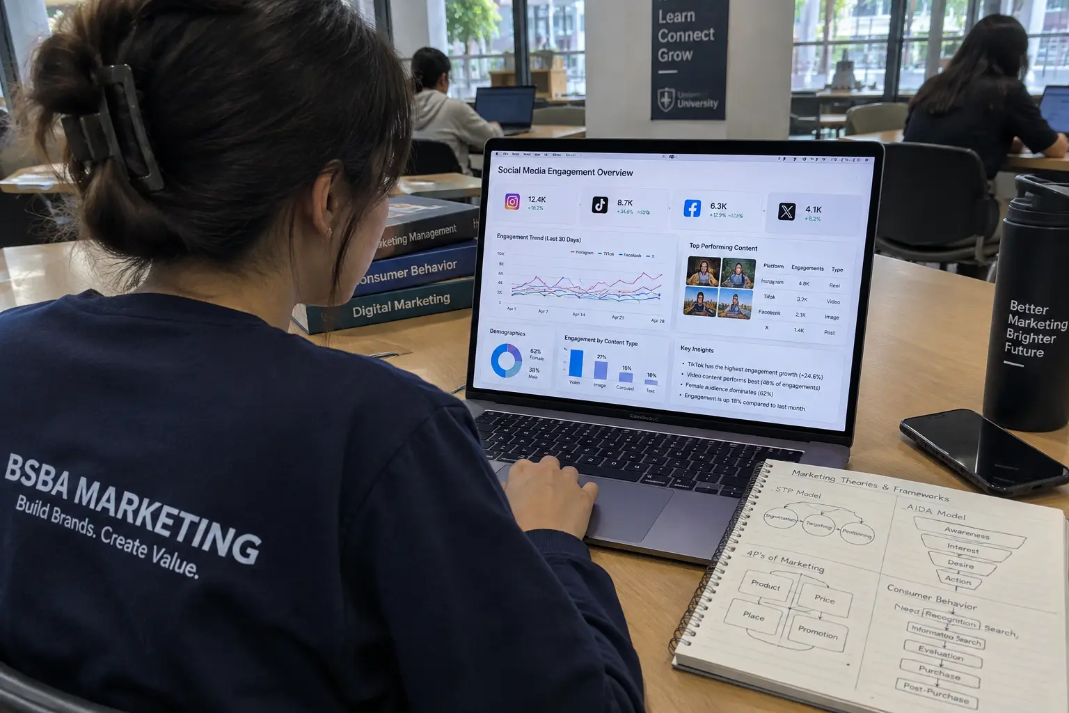A BSBA marketing student analyzing social media engagement data on a laptop with theory notes nearby