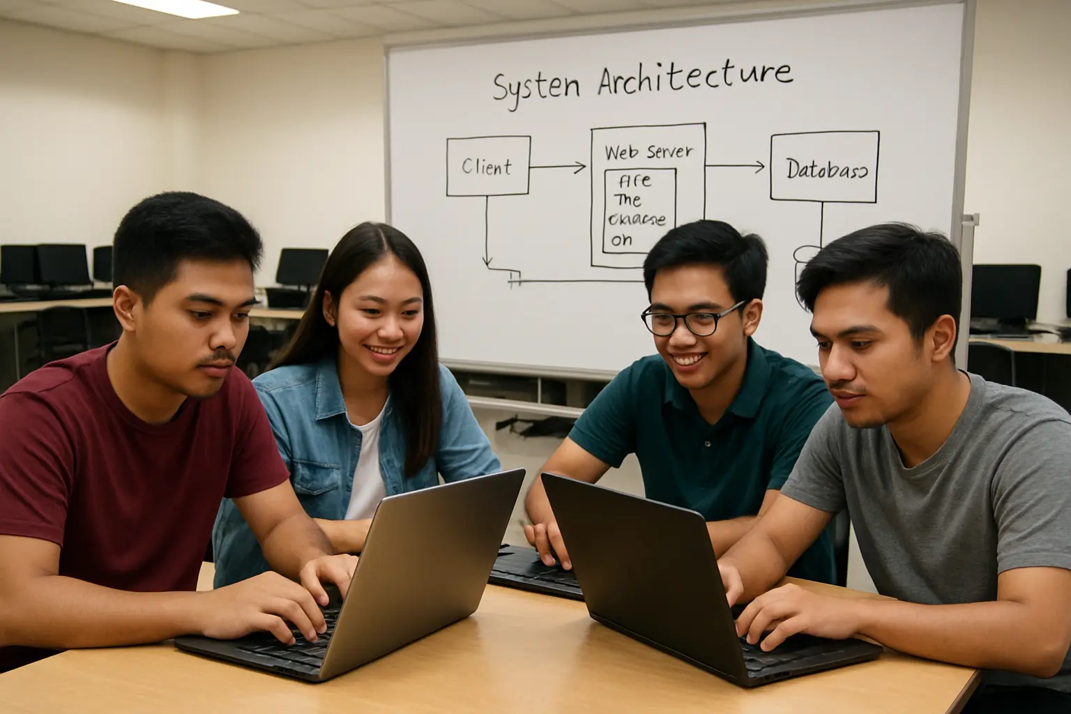 A Filipino BSIT capstone group coding a web application together on laptops in a computer laboratory