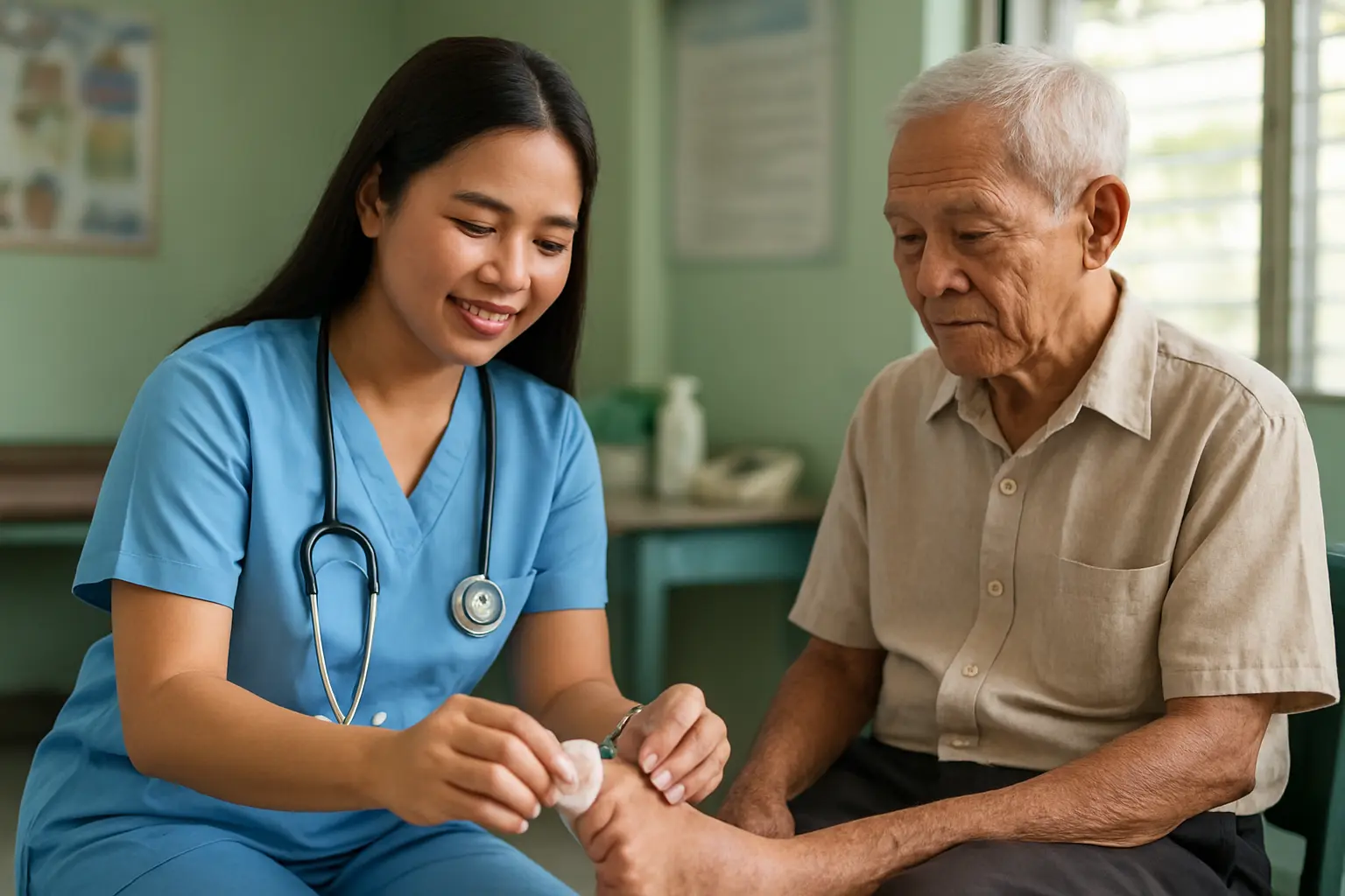 Filipino nursing student demonstrating diabetic foot-care self-management with a community health patient