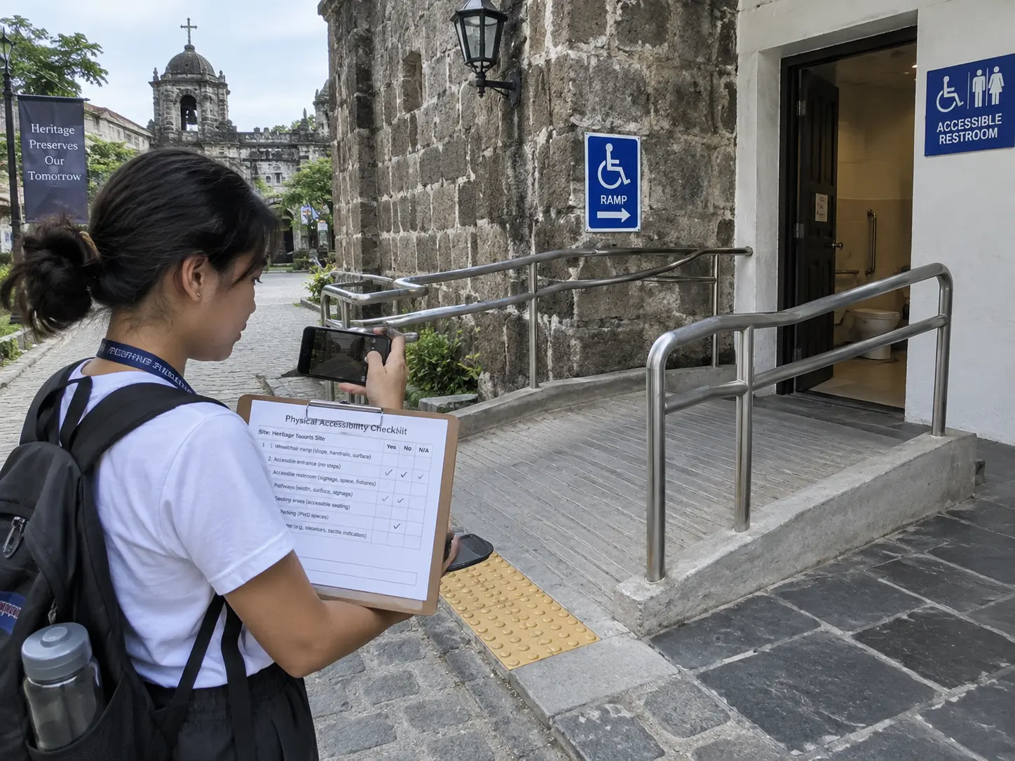 A student scoring a physical accessibility checklist beside a wheelchair ramp at a Philippine heritage site