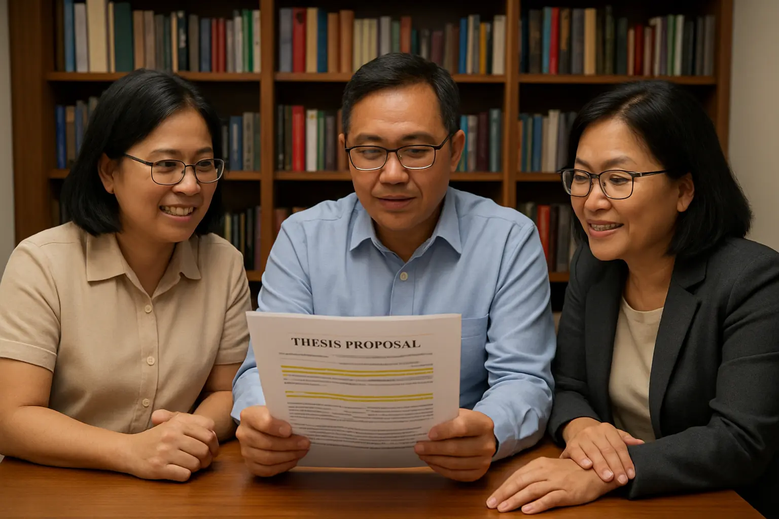Three university panel members reviewing a printed political science thesis proposal with hypotheses highlighted