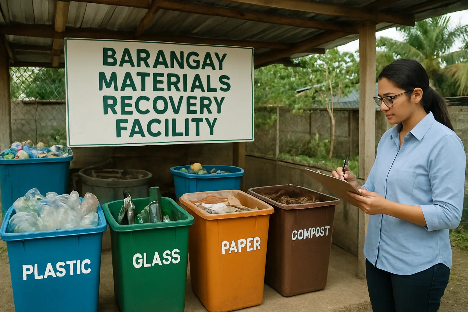 A researcher taking notes at a barangay materials recovery facility with sorted recyclables and compost bins