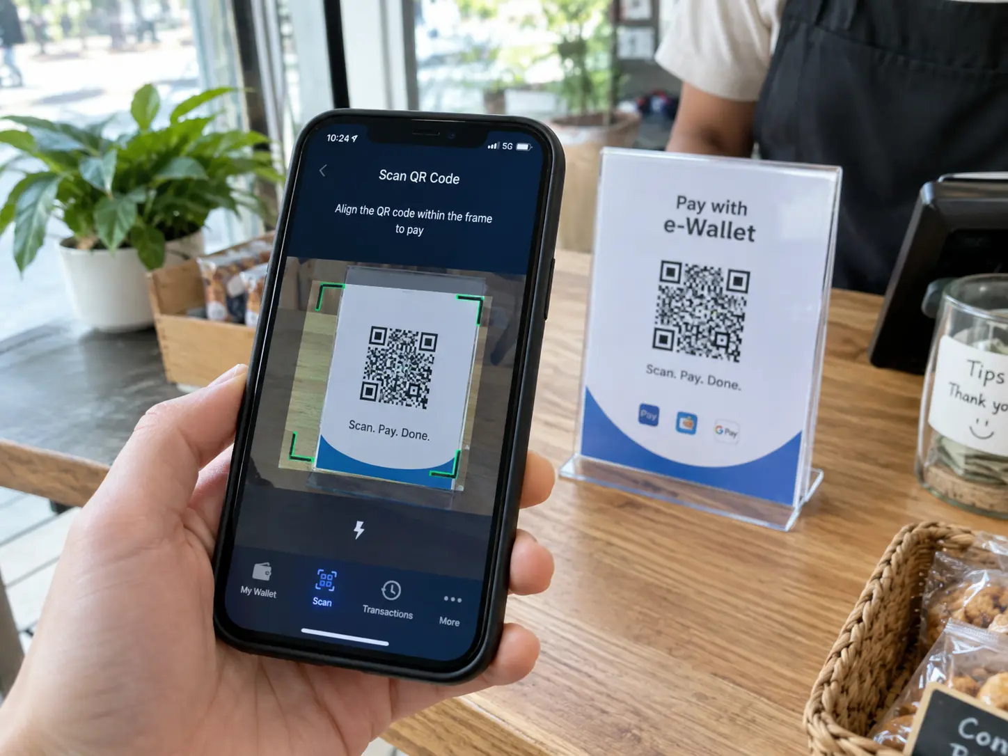A smartphone showing a QR code e-wallet payment screen at a retail counter