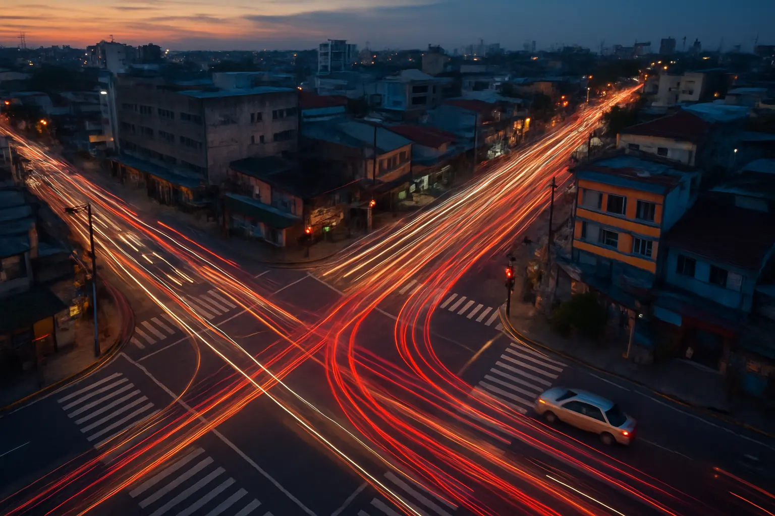 An aerial view of a signalized road intersection with vehicle light trails showing traffic flow at dusk