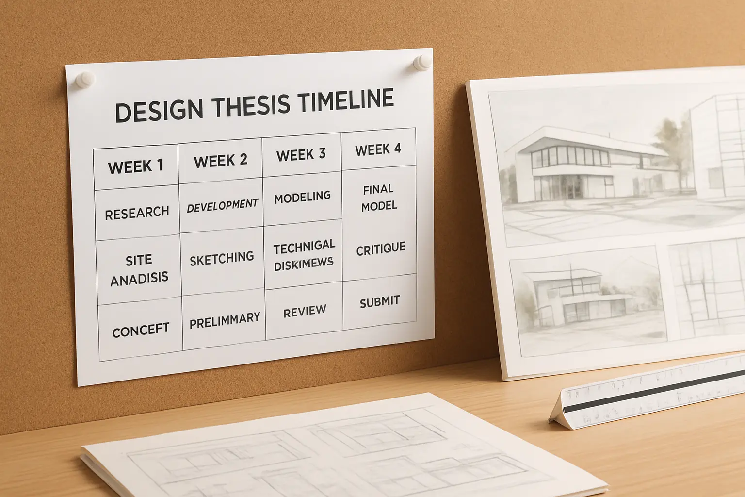 A design thesis timeline calendar on a corkboard beside architecture design boards and a scale ruler