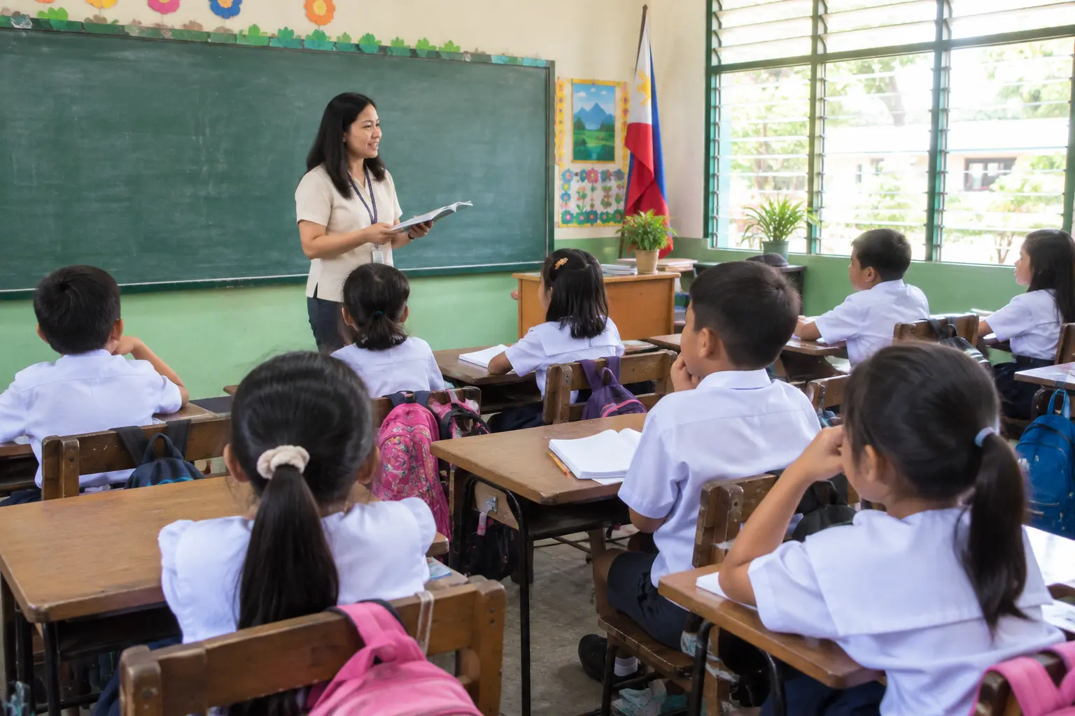 A teacher and pupils in a Philippine public elementary school classroom