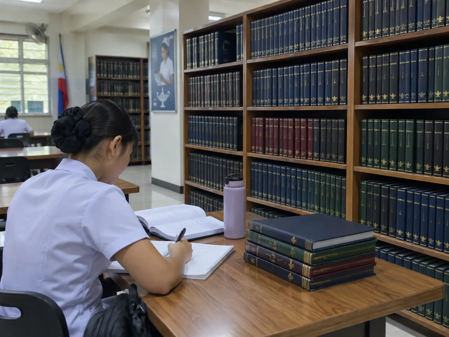 A nursing student taking notes in a thesis reading room