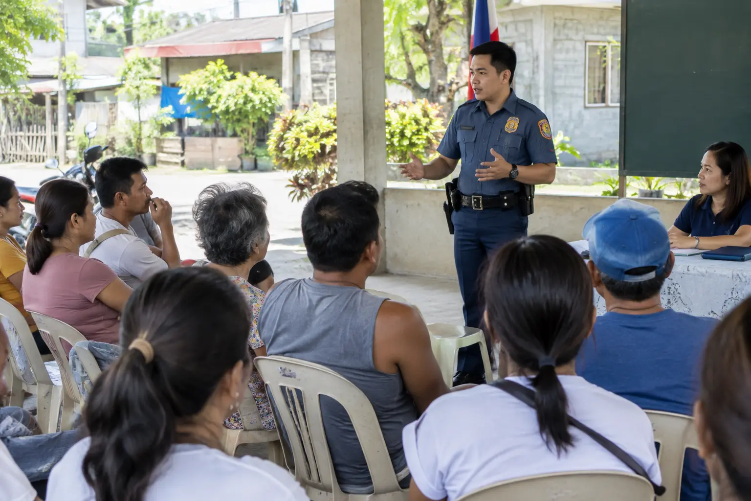 Residents and a community police officer discussing local safety at a barangay meeting