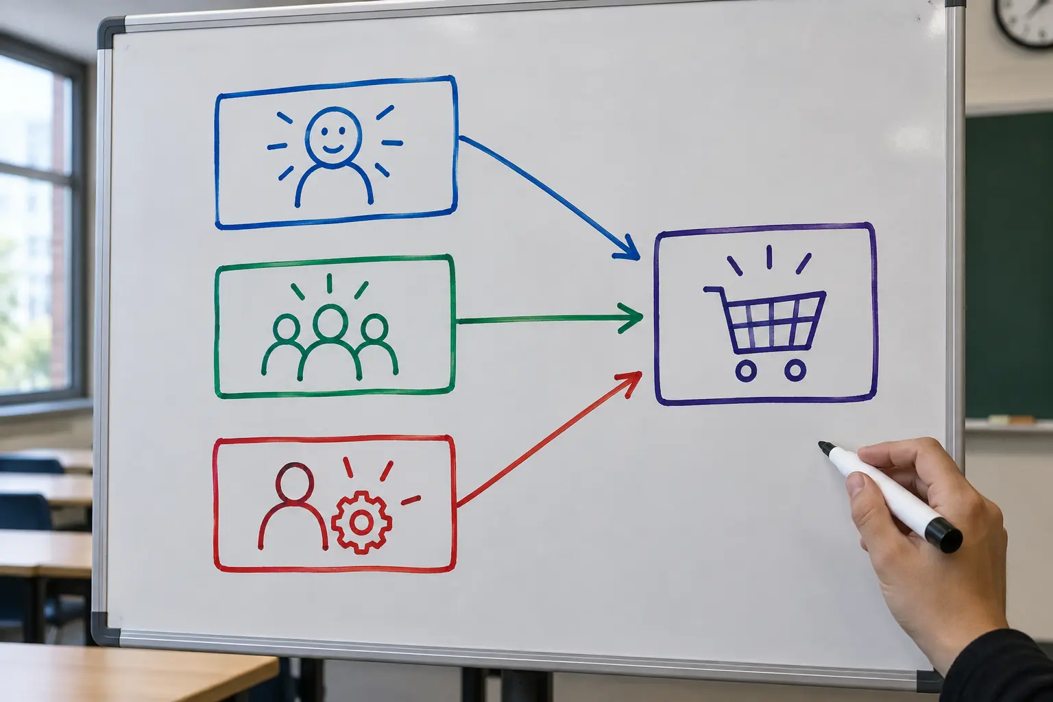 A whiteboard diagram linking attitude, social pressure and perceived control to purchase intention