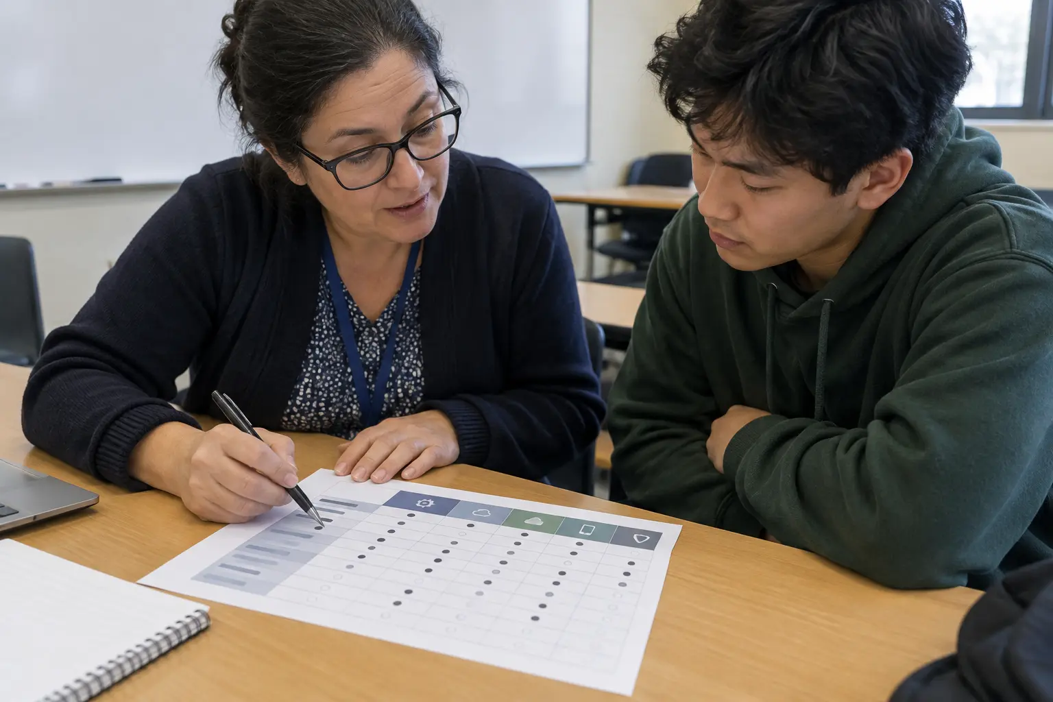 An adviser reviewing a related systems comparison table with a capstone student