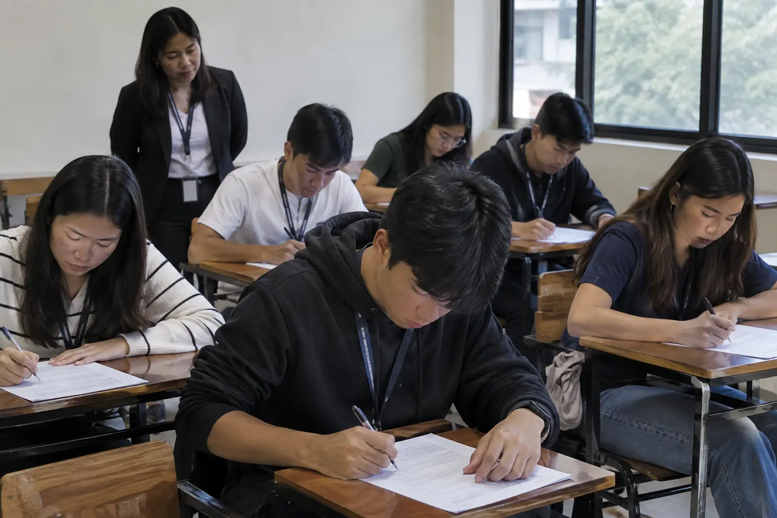 Students answering a translated questionnaire during a pilot test
