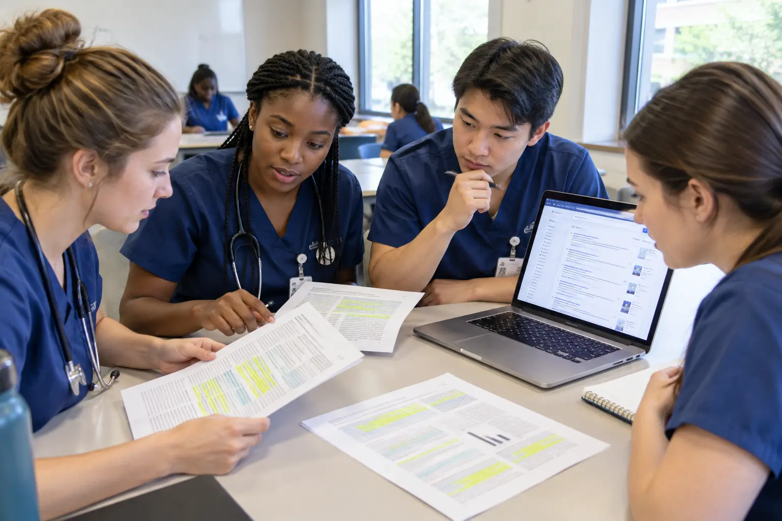 Nursing students comparing journal articles for a review of related studies