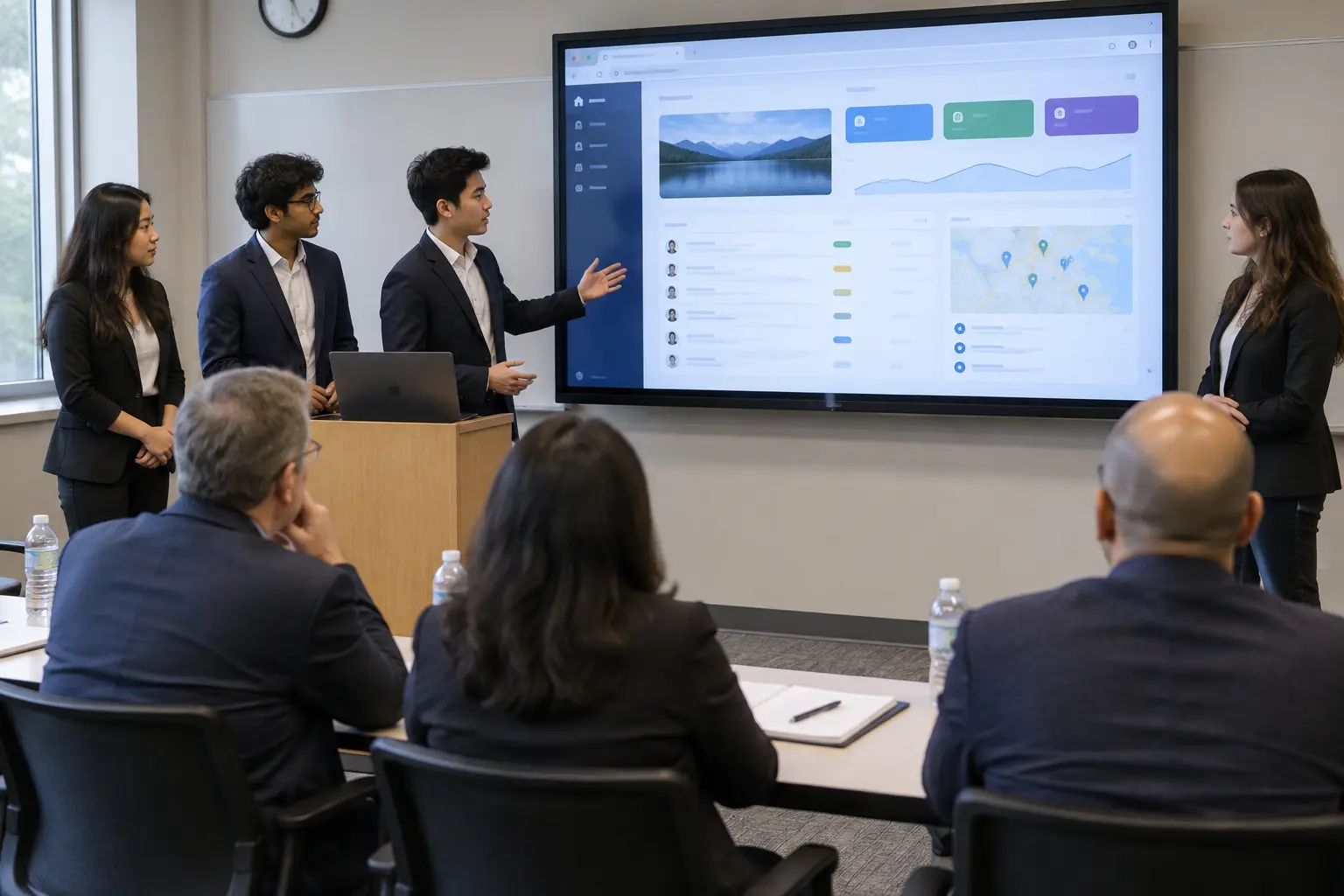 A capstone team demonstrating a system to a panel