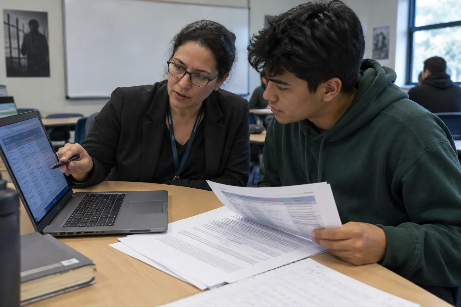 A criminology student and adviser checking sources for definitions