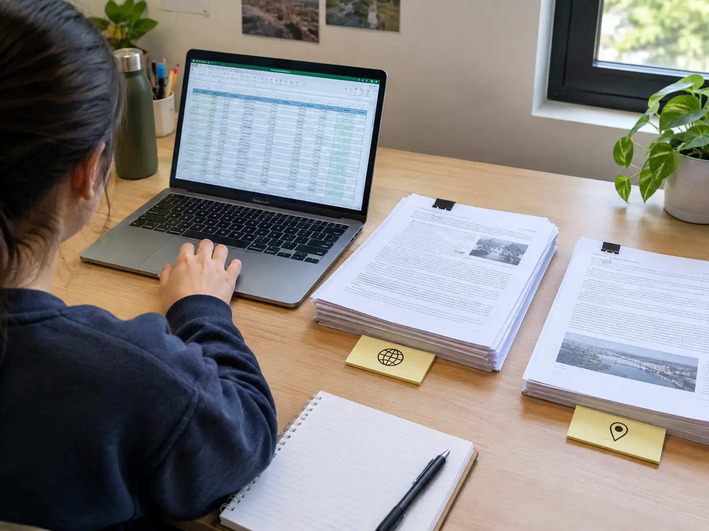 A student sorting journal articles into local and foreign piles with a source log