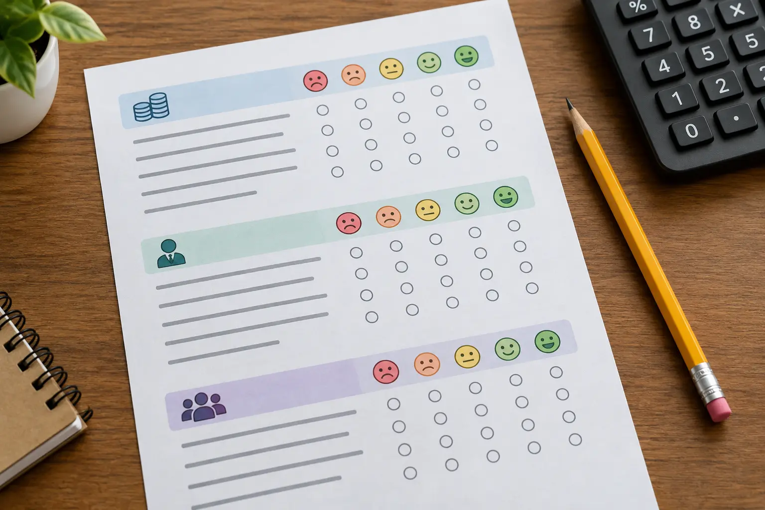 A printed Likert-scale job satisfaction survey on a desk