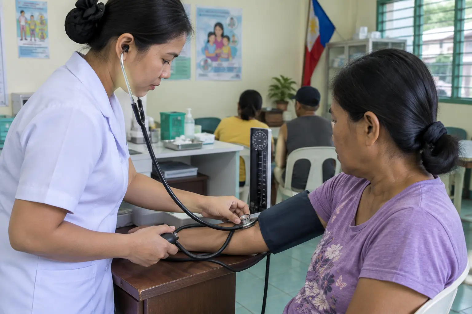 A nurse measuring a patient's blood pressure in a health center