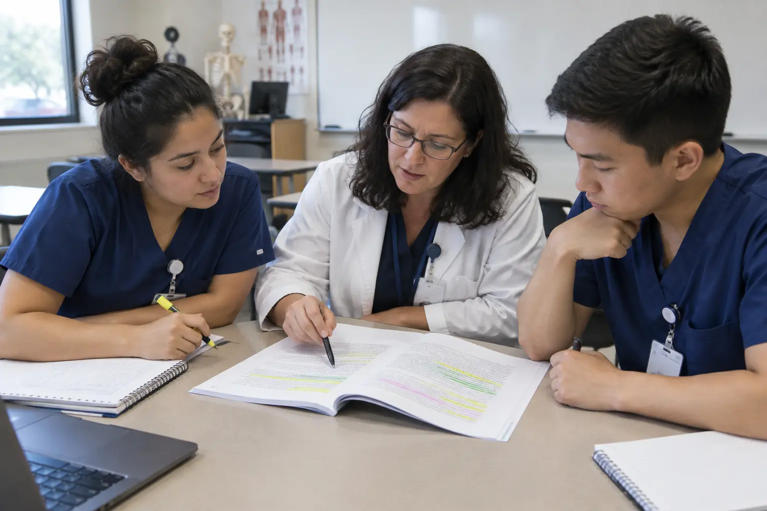 Nursing students and an instructor reviewing key terms in a thesis chapter